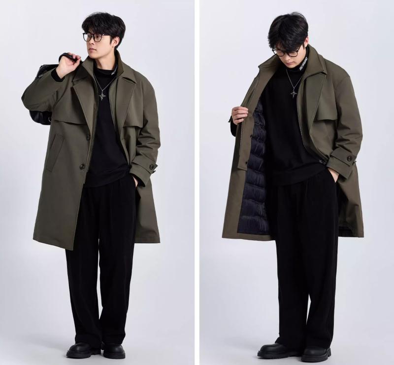 トレンチコート メンズ 男性用 ミドル丈 春秋 テーラードカラー シングルボタン きれいめ 大人カジュアル ブリティッシュスタイル ゆったり ルーズフィット ポリエステル 無地 アウター ブラック カーキ 普段使い｜フロントップ店
