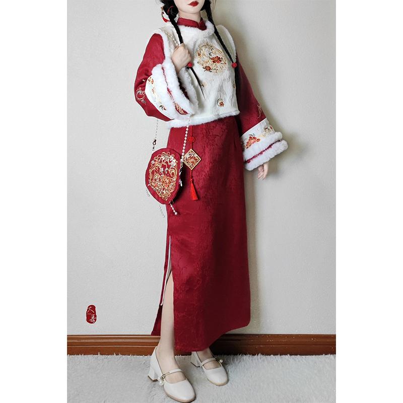 レディース ドレス 韓服 ショール 防寒 衣装 女性用 セットアップ 秋冬 チャイナドレス ベスト バッグ ファー 襟 タッセル パール ビーズ 装飾 刺繍 花 豪華 かわいい 赤 白