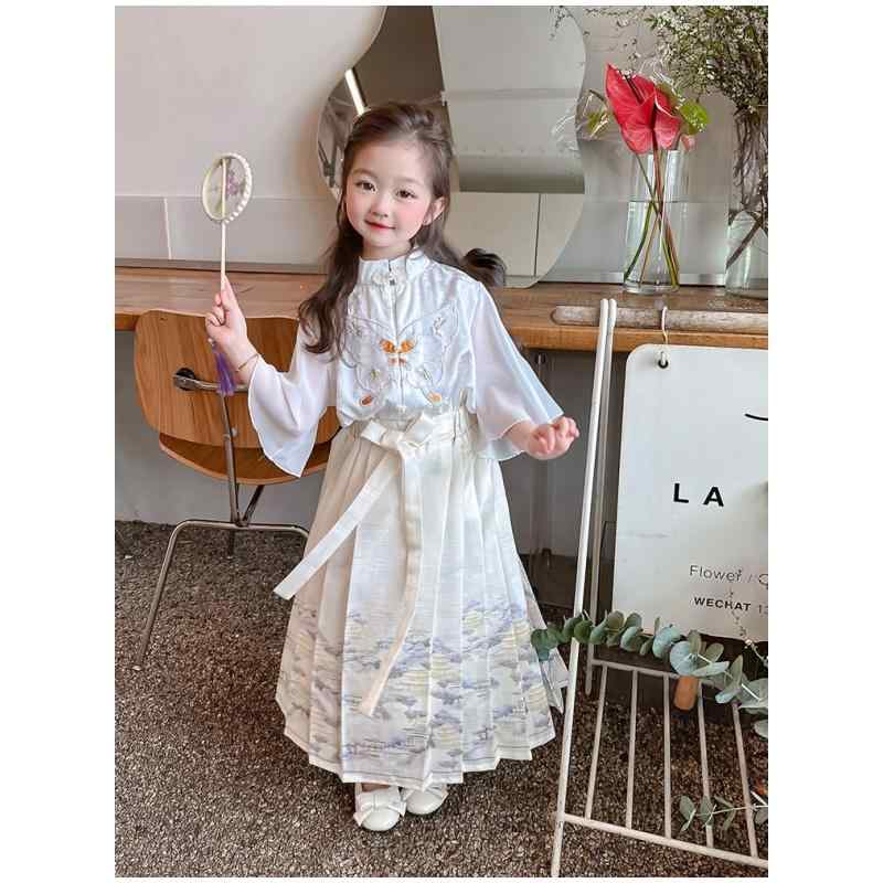 漢服 子供 女の子 ベビー 春夏 マミアンスカート ロング丈 プリーツ 民族 衣装 発表会 ステージ コスプレ チャイナ風 レトロ エレガント 白