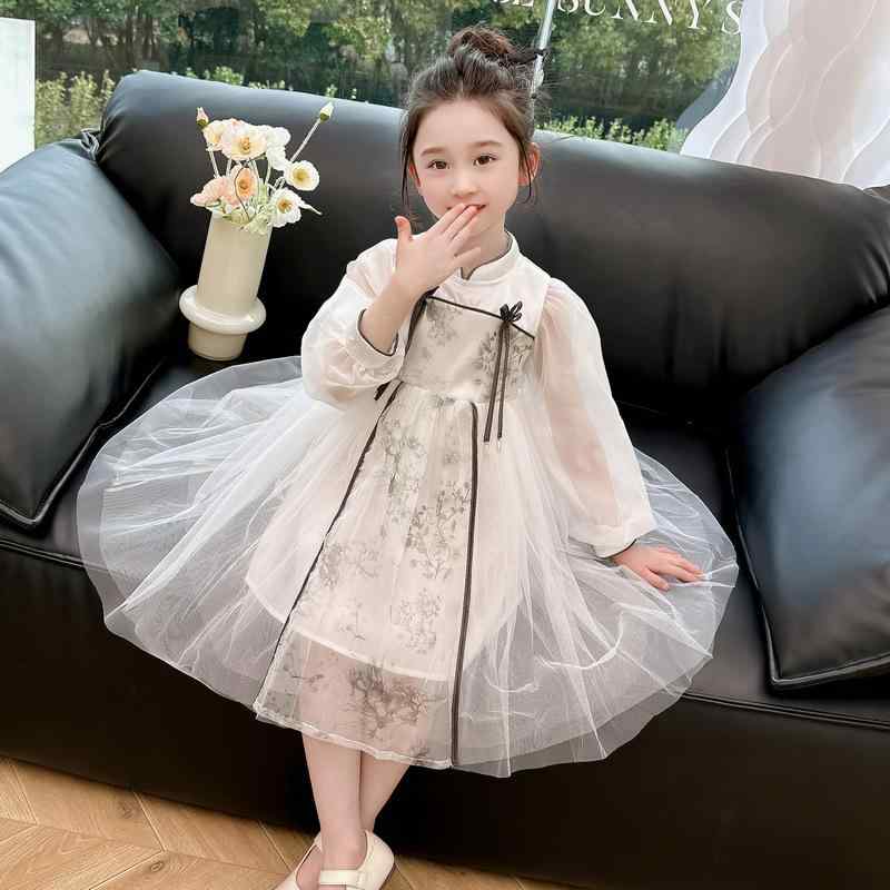 漢服 子供 女の子 春夏 ドレス ワンピース 綿 長袖 スタンドカラー 背中ファスナー リボン チュール ソフト 通気 耐摩耗 発表会 ステージ 衣装 チャイナ風 プリンセス レトロ エレガント 白｜フロントップ店