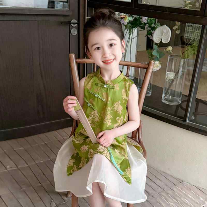 漢服 子供 女の子 ベビー 春夏 ワンピース ノースリーブ スタンドカラー ソフト 通気 薄手 民族 衣装 発表会 ステージ コスプレ チャイナ風 レトロ かわいい 緑