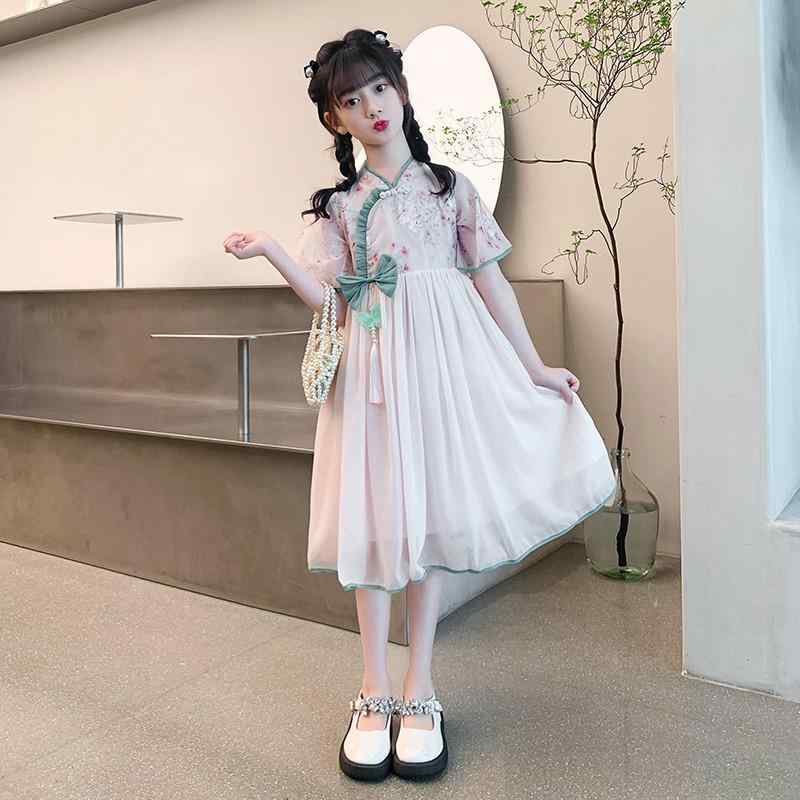 漢服 子供 女の子 春夏 半袖 スカート スタンドカラー 背中ファスナー リボン フリル Aライン ソフト 通気 発表会 ステージ 衣装 チャイナ風 プリンセス エレガント ピンク アイボリー