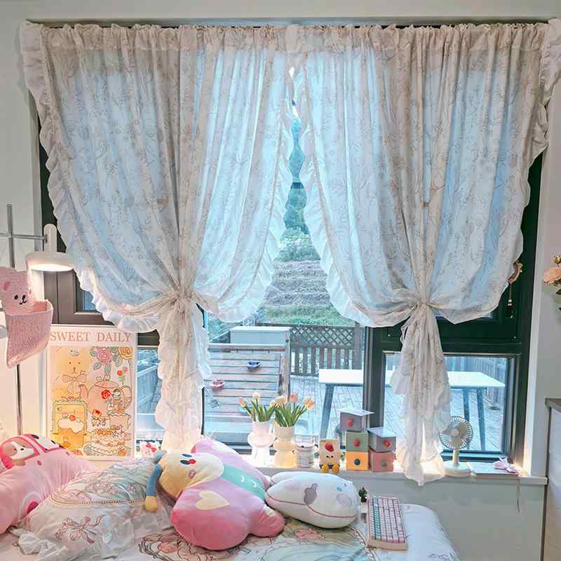 カーテン オシャレ レトロ フリル 小さめ 遮光 目隠し 防塵 日除け 小窓 リビング 寝室 キッチン フェミニン インテリア 新生活 模様替え 花柄 黒 茶色