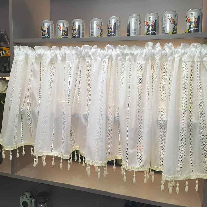 カフェ カーテン おしゃれ ビーズタッセル シンプル ガーゼ 棚隠し 仕切り 遮光 防塵 レトロ 小窓 キッチン キャビネット 新生活 インテリア 模様替え 白