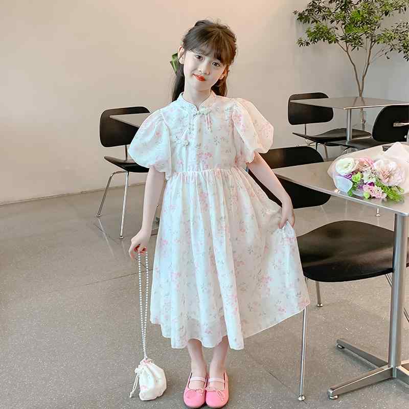 漢服 お子さん コスプレ お姉さん お召しもの 夏 ロング 衣装 パステル色の 半袖 フラウンス 愛くるしげ 花柄 瀬戸もの風 照明ランプ色合い パフ捩り サクラ色 キッズファッション-キッズ・ベビー・マタニティ