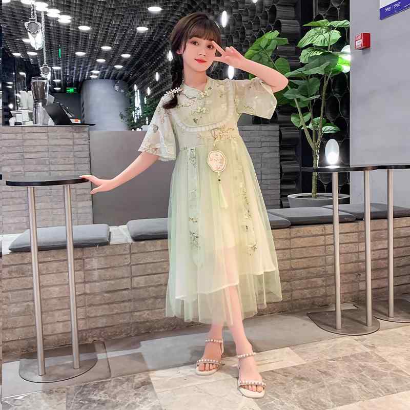 漢服 子供 コスプレ 女の子 夏 ロング ドレス ワンピース チャイナ風 レトロ ガーゼ 大きな 妖精 プリンセス 柔らかい エレガント タッセル フリル リボン 緑 アプリコット
