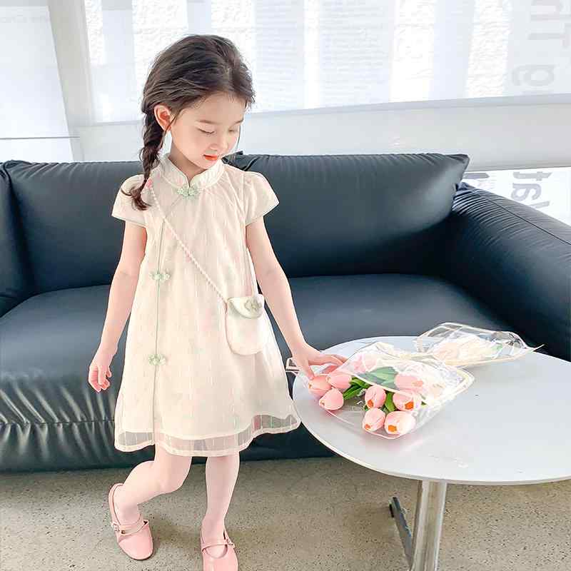 漢服 子供 コスプレ 女の子 ドレス 夏 ワンピース チャイナ風 プリンセス 柔らかい 半袖 スタンドカラー ジッパー かわいい ピンク ひざ丈