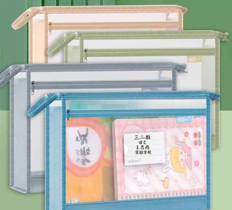 書類 収納 ケース A4 透明 メッシュ ファイル バッグ ファスナー マチ ラベル ポケット 持ち手 大容量 厚手 学生 連絡袋 教科書 文房具 オフィス シンプル 青 ピンク 緑 5点セット