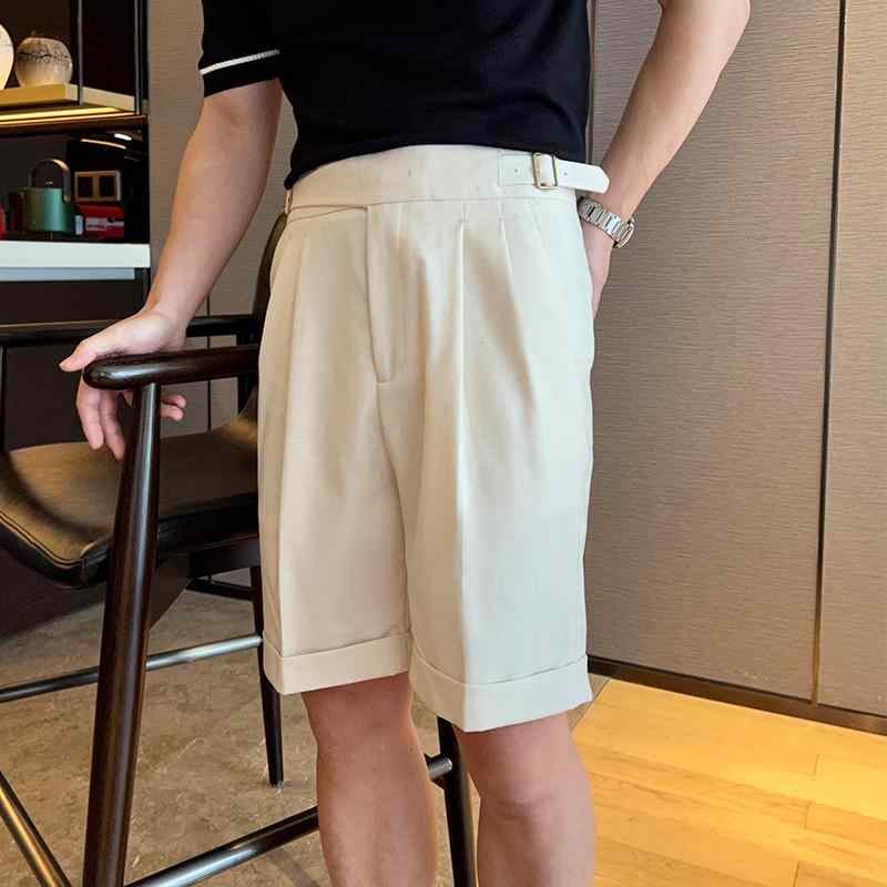 ハーフパンツ メンズ 膝上 春夏 ポリエステル リネン 五分丈 ポケット ジッパー バックル ロールアップ ツータック ハイウエスト ストレート 薄手 カジュアル レトロ きれいめ シンプル 無地 アイボリー 茶色