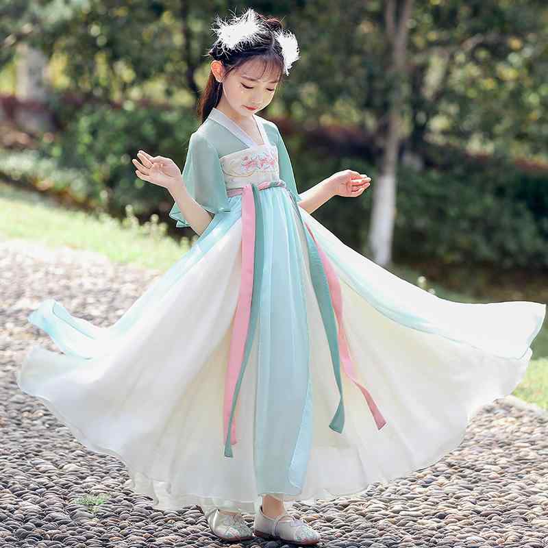 漢服 子供 コスプレ 女の子 ひらひら 柔らかい 半袖 ロング ドレス 夏 妖精 レトロ 衣装 チャイナ風 プリンセス 薄手 ジッパー シフォン 緑