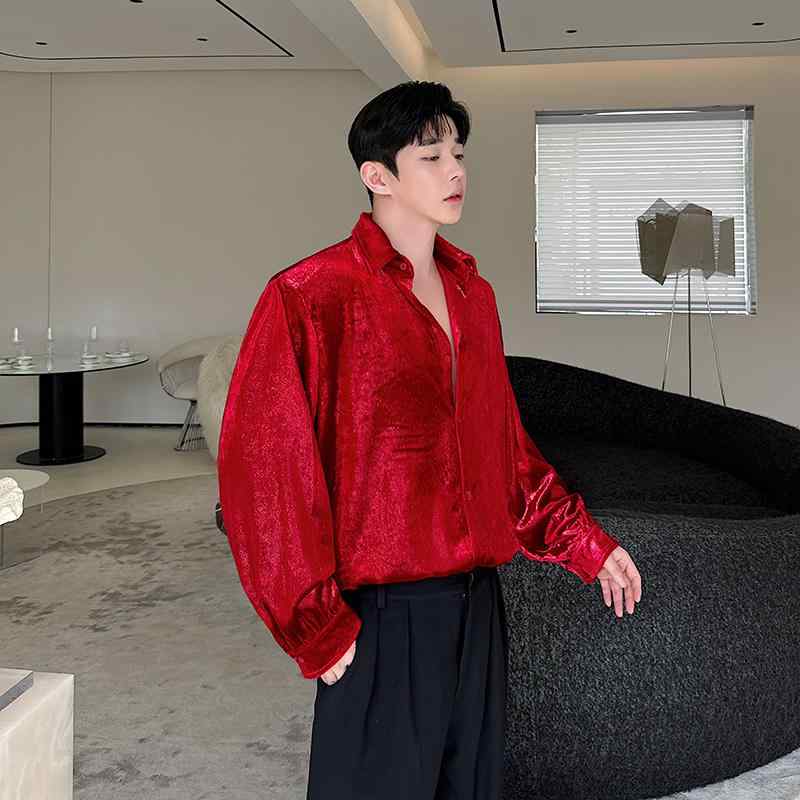 カラー シャツ メンズ 長袖 秋 パフォーマンス ステージ ウェア かっこいい ゆったり ポリエステル 襟 赤 青 衣装 前開き カジュアル