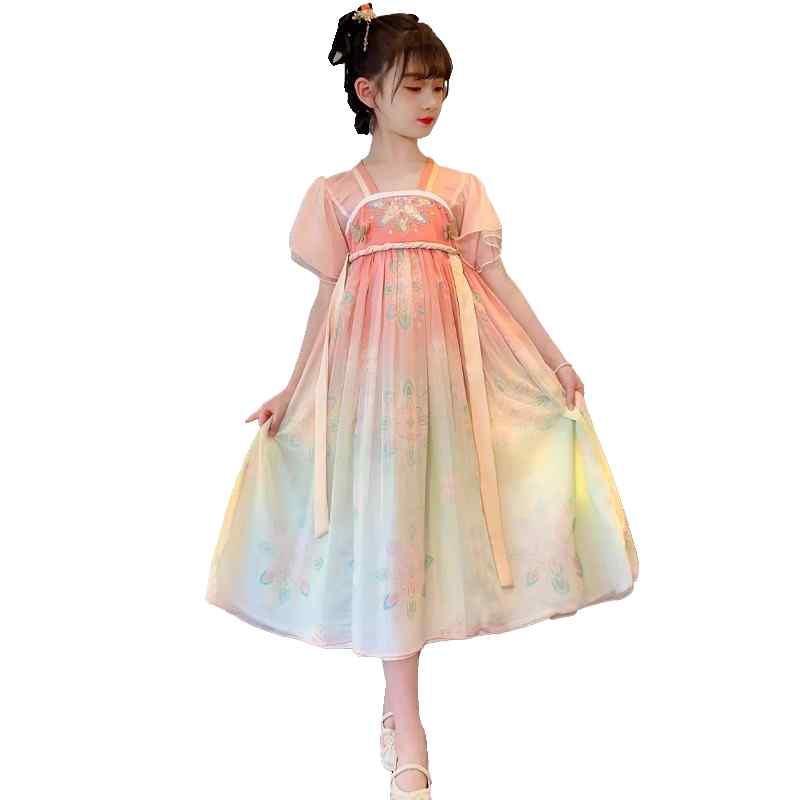 漢服 子供 ロング 韓国 女の子 スカート チャイナ風 妖精 少女 衣装 かわいい ワンピース ピンク ステッチ 柔らか 快適 滑らか