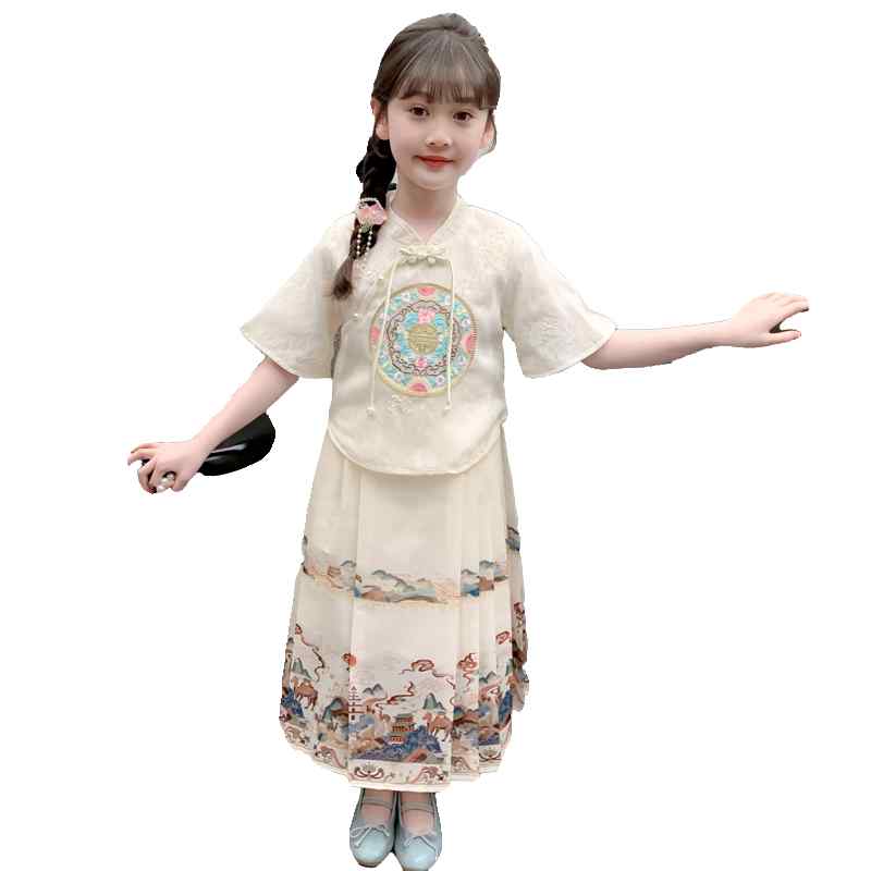 漢服 お子さん 馬面 スコート お姉さん 夏 お召しもの 姫御前 セットアップ 衣装 赤銅色 青 ロング 瀬戸もの 愛くるしげ 半袖 筋目 キッズファッション-キッズ・ベビー・マタニティ-ドレス