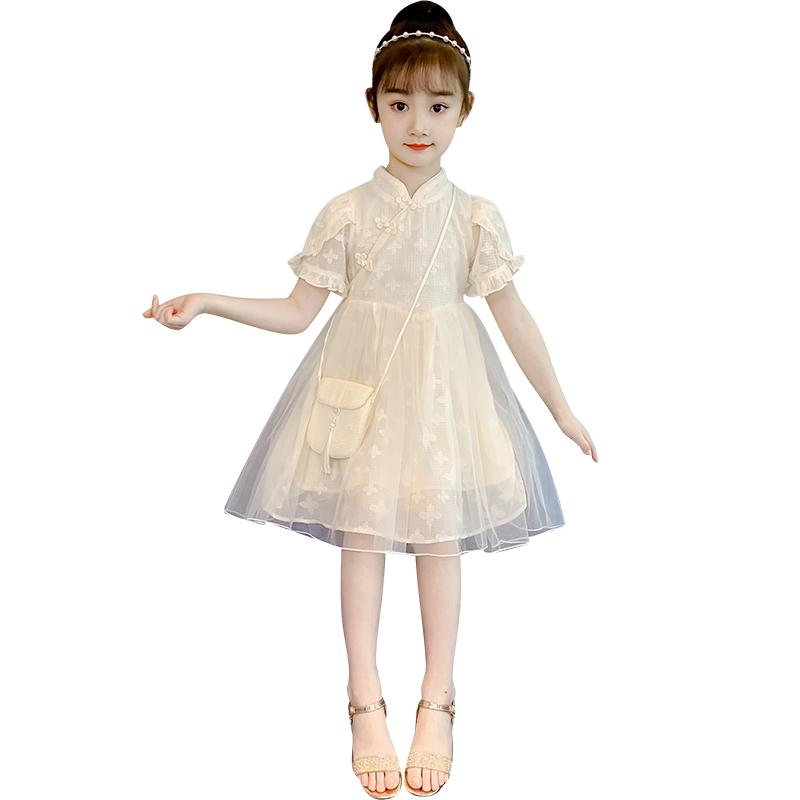 漢服 子供 女の子 韓国 ドレス 夏 チャイナ風 プリンセス レース ガーゼ スカート ワンピース チュール アプリコット かわいい 大きめ リボン
