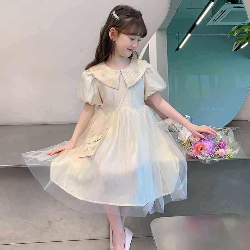 ワンピース キッズ 発表会 子供 女の子 ドレス 夏 妖精 プリンセス おしゃれ アプリコット 襟 バッグ 快適 スカート ふわふわ 半袖 ビックカラー