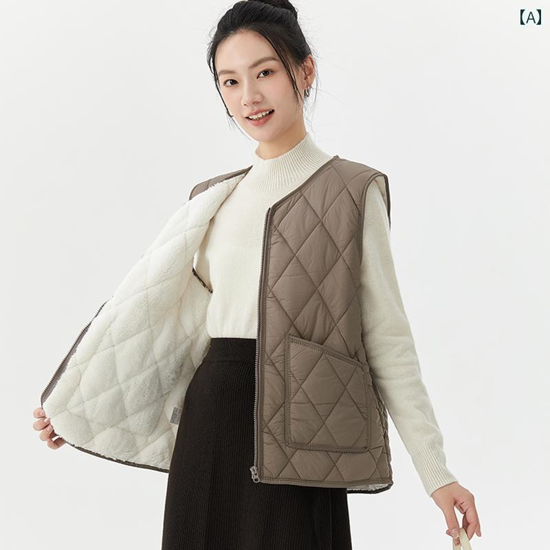 ダウンベスト レディース 冬 大きいサイズ ゆったり ジッパー ラウンドネック ポケット インナー 暖かい 防寒 裏起毛 カジュアル シンプル カーキ ピンク 黒