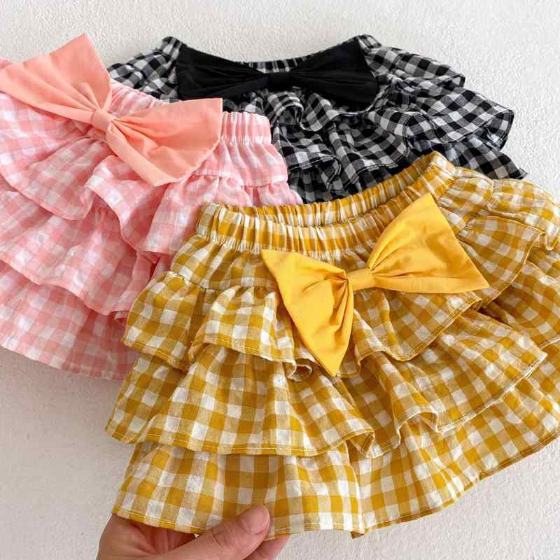 かぼちゃパンツ ベビー 赤ちゃん 女の子 男の子 かわいい カジュアル 夏 韓国 コットン 子供用 ゆったり フリル スカート ウエストゴム リボン 装飾 普段使い お出かけ 旅行 チェック柄 プリント 黄色 黒 ピンク