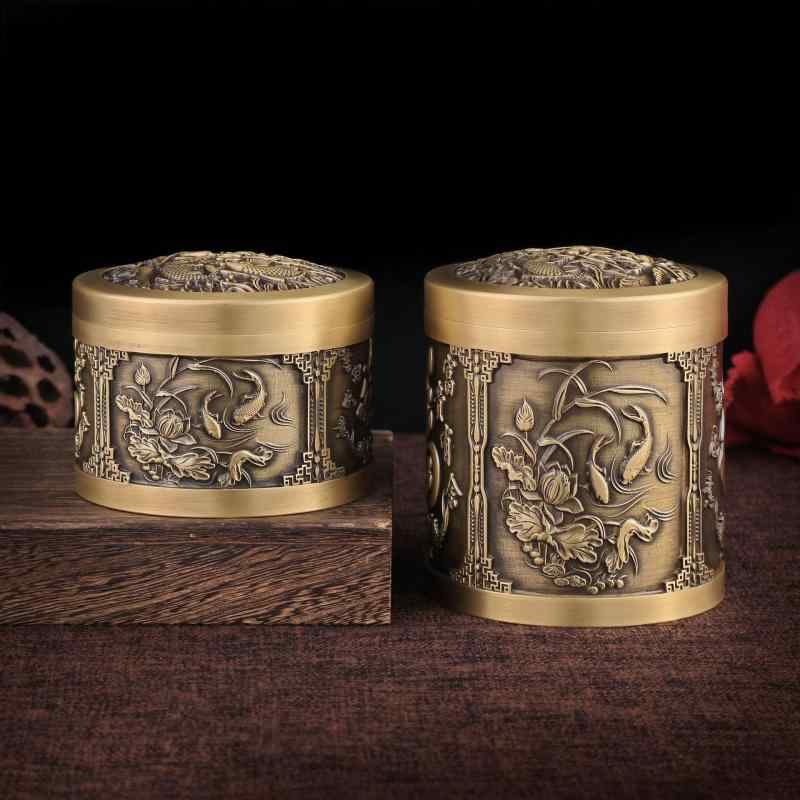 真鍮 茶 缶 銅 金属製 保存 置物 インテリア オブジェ チャイナ風 漢字 卓上 精巧 彫刻 蓋つき 書斎 シンプル 魚 ドラゴン 光沢 収納｜フロントップ店
