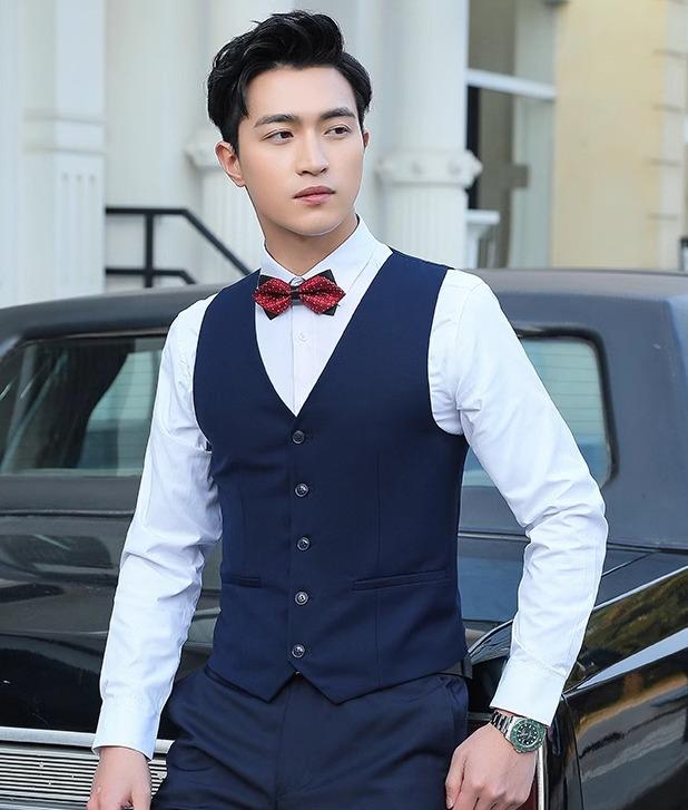 メンズ ベスト スーツ 春秋 フォーマル 男性用 結婚式 パーティー 新郎 花婿 韓国 英国風 大きいサイズ ゆったり シングルブレスト Vネック 無地 シンプル おしゃれ 黒 グレー 青