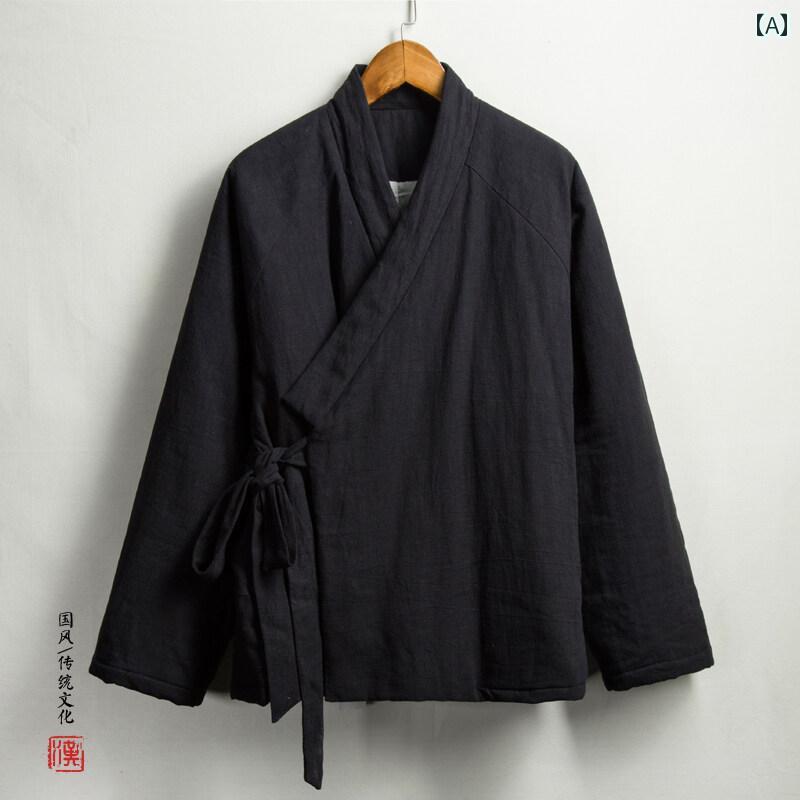 作務衣 メンズ 大人 大きいサイズ ゆったり 長袖 厚手 暖かい 防寒 保温 綿 コート ミドル丈 漢服 レトロ チャイナ風 斜め襟 紐 冬 シンプル 無地 黒 赤 紺｜フロントップ店