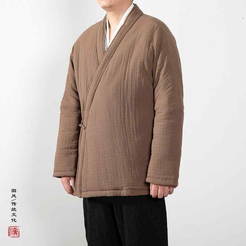 作務衣 メンズ 大きいサイズ ゆったり 冬 コート ミドル丈 防寒 保温 暖かい 厚手 長袖 チャイナ風 漢服 レトロ 綿 斜め襟 ボタン シンプル 無地 黒 キャメル｜フロントップ店