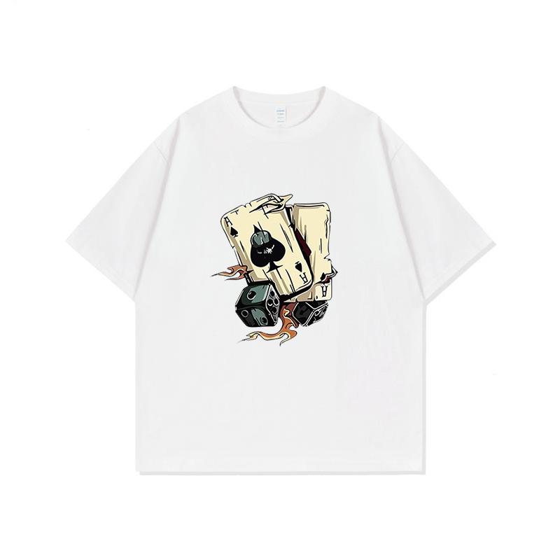 Tシャツ メンズ 半袖 綿 春夏 ラウンドネック ゆったり 通気 ソフト アメリカン カジュアル レトロ トランプ ポーカー ダイス プリント 黒 白 グレー 大きいサイズ