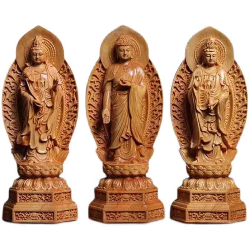 置き物 工芸品 彫刻 飾り 装飾 家庭用 リビング オブジェ インテリア 礼拝 供養 仏壇用 仏像 仏具 西方三聖塔 観音菩薩 如来 木製 木彫り