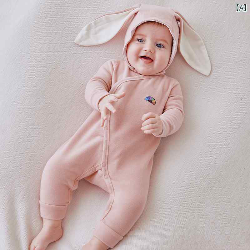 ロンパース もの言う花 みどり児 新生児 お坊っちゃん 御嬢さん はだ着 保温 長袖 名取り草 書き割り かぶり笠 うさぎ耳 愛くるしげ 分かりやすい ワンポイント 薄墨色 サクラ色 青