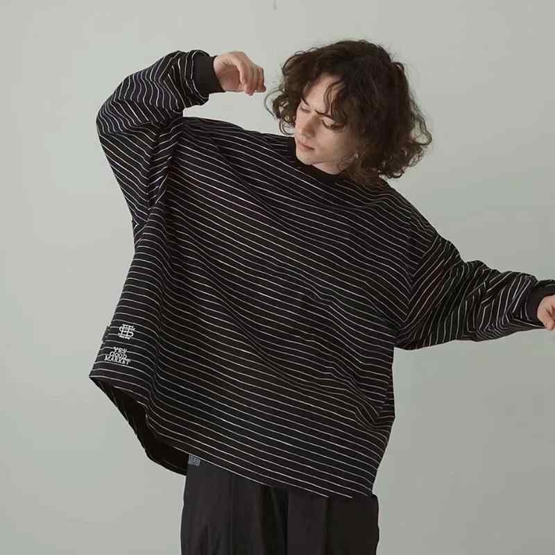 ロンT メンズ オーバーサイズ 春秋 綿 長袖 ラウンドネック ドロップショルダー リブ袖 刺繍 ゆったり ウォッシュ加工 厚手 吸湿 カジュアル シンプル ストライプ プリント 白 紺