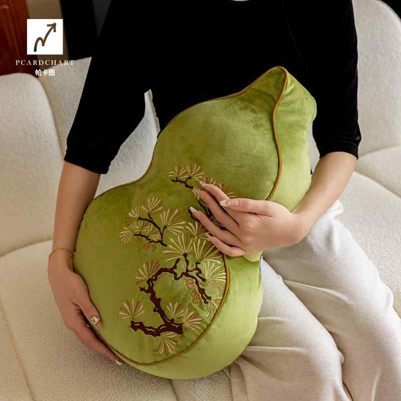 クッション 背もたれ チャイナ風 ひょうたん 柔らかい 枕 リビング ルーム ソファ 刺繍 松 綿 ふわふわ ステッチ レトロ 緑 黒 インテリア｜フロントップ店