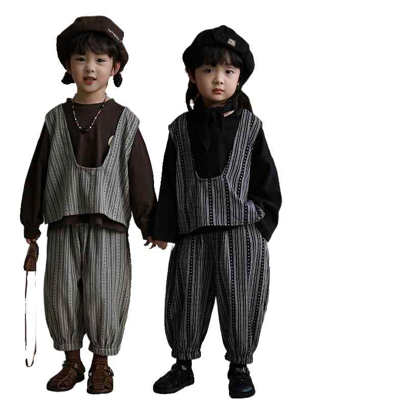 ベビー服 セットアップ 女の子 80 男の子 1歳 韓国 春秋 綿 ベスト ハーレムパンツ プルオーバー 兄弟 姉妹 お揃い 誕生日 写真撮影 お出かけ おしゃれ ストライプ 黒 カーキ