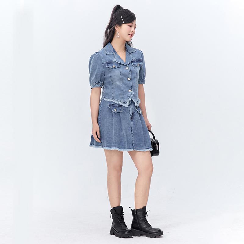 セットアップ 大きいサイズ デニム シャツ スカート 半袖 ヴィンテージ 風 レトロ カジュアル 夏 フェミニン スウィート 体型カバー
