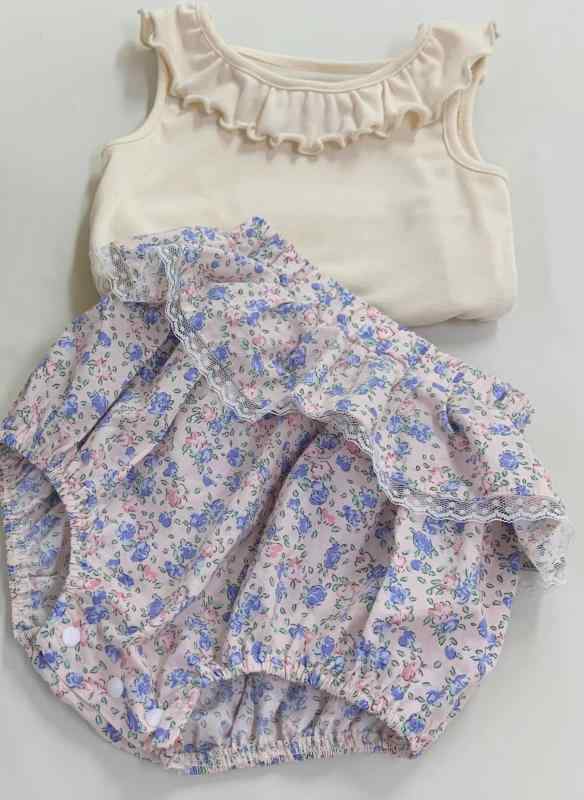 ベビー服 パンツ 女の子 レース付き フリル ショート バルーン 夏 薄手 コットン ウエストゴム タンクトップ おしゃれ 花柄 紫 アプリコット