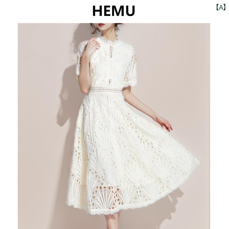 ワンピース レディース おしゃれ レース 白 夏 フレンチ 小顔効果 ウエストシェイプ 上品 半袖 シースルー｜フロントップ店