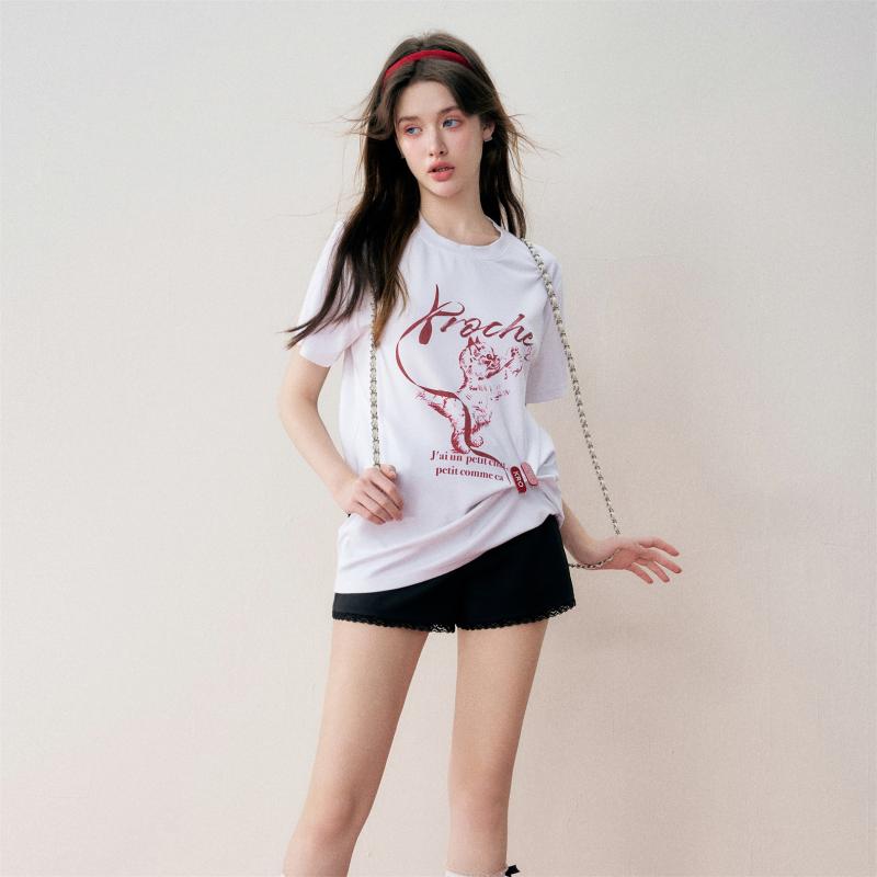 Tシャツ レディース かわいい 手描き 絵柄 蝶々 小猫 半袖 白 夏 カジュアル|フロントップ店