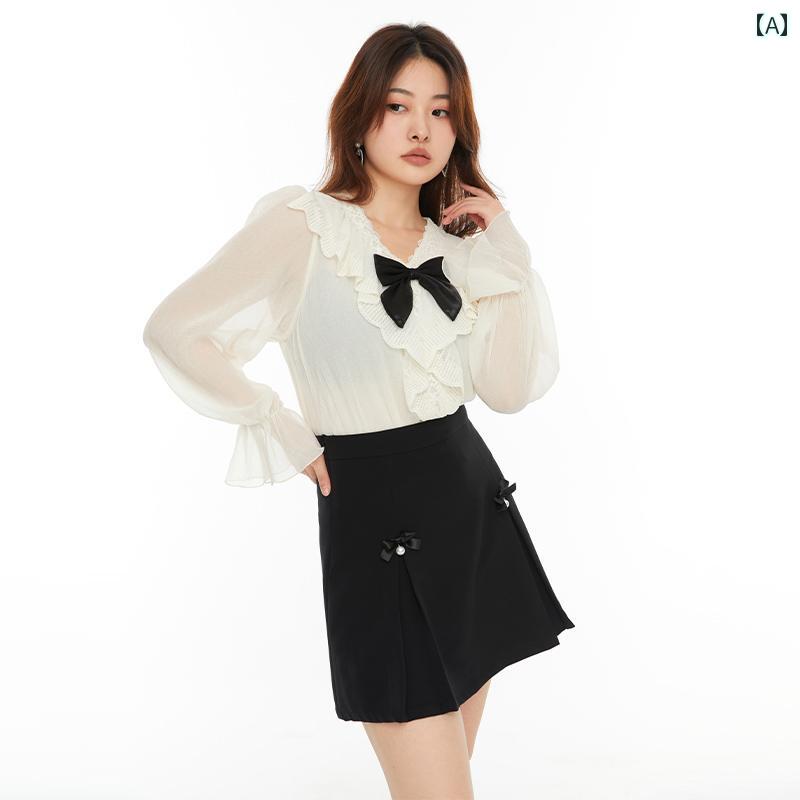 シャツ レディース おしゃれ トップス 大きいサイズ 白 Vネック フリルカラー かわいい リボン 通勤 春 長袖 上品 シフォン ブラウス