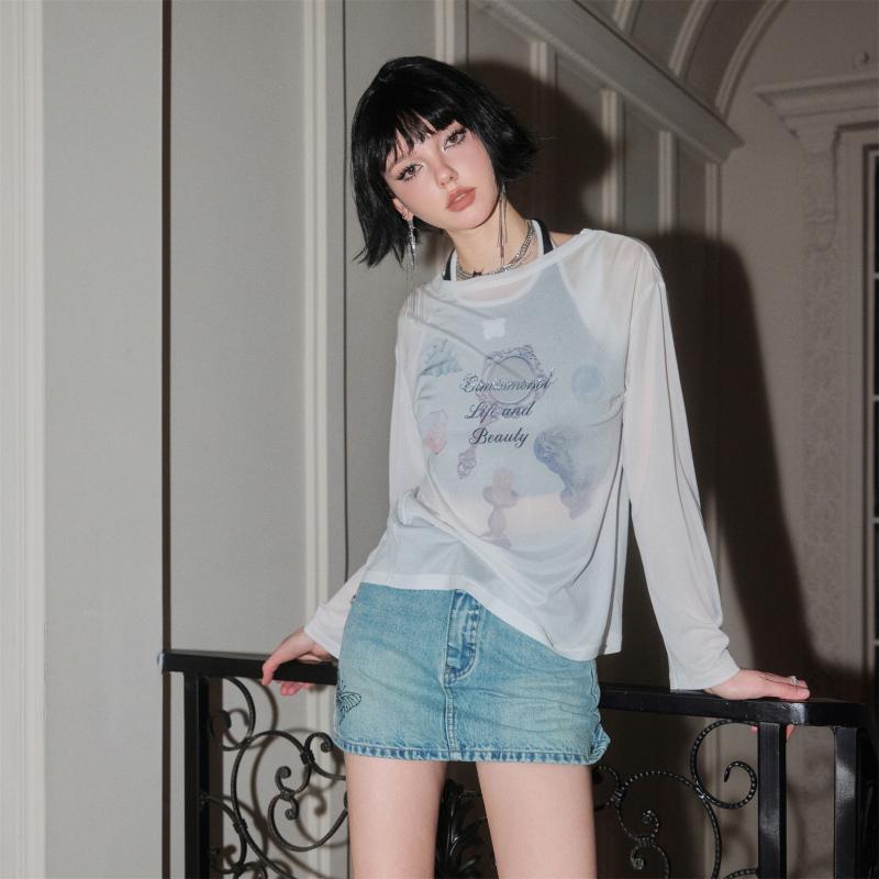 ロンＴ レディース おしゃれ 長袖 プリント 日焼け防止 Tシャツ 夏 酢酸 ニット ムーラン コレクション