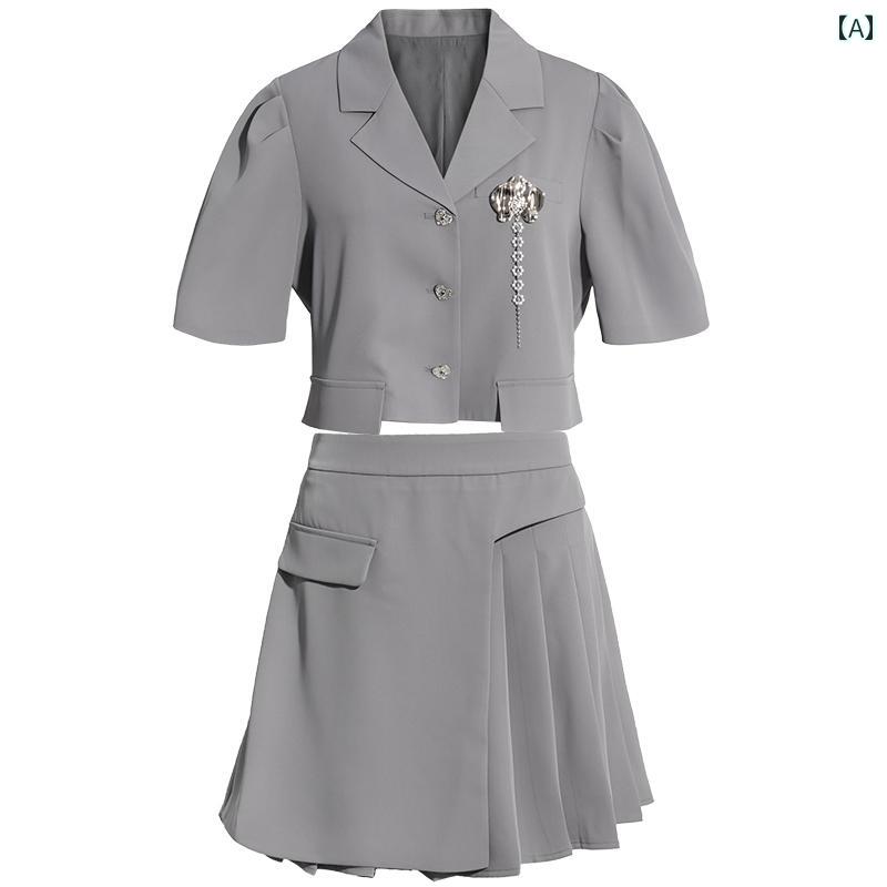 セットアップ レディース かわいい 大きいサイズ ジャケット ドッキング プリーツ ミニスカート 通勤 夏 女性用 セット スーツ スタイリッシュ｜フロントップ店
