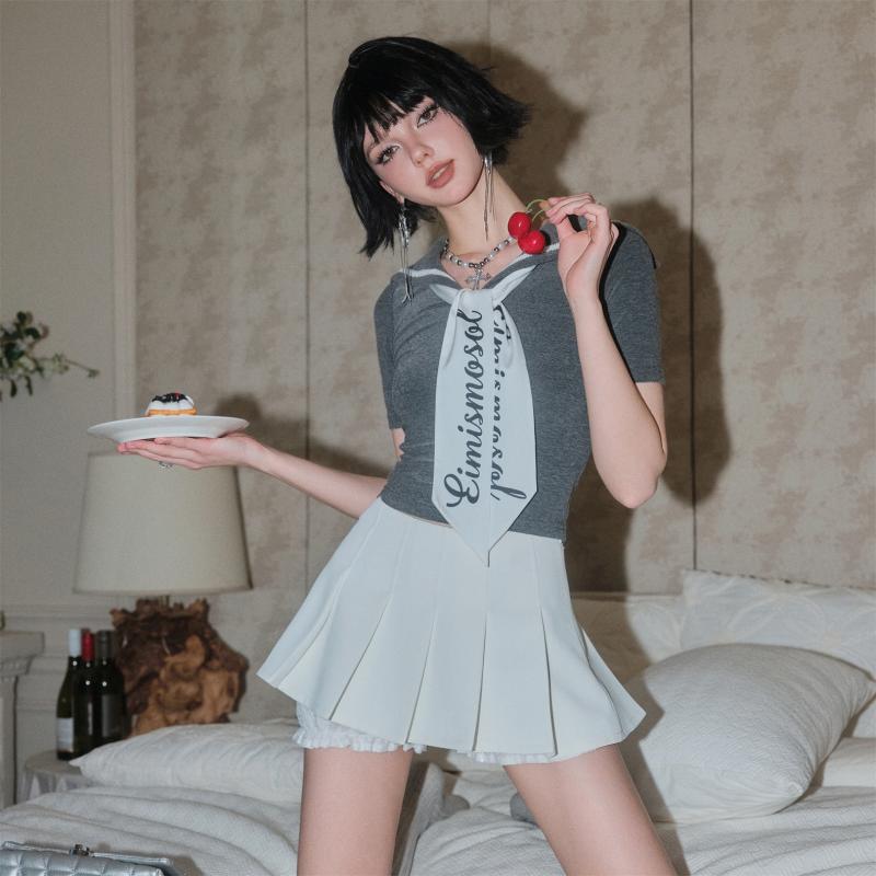 Tシャツ レディース かわいい 海軍風 ネイビー 襟 飾り リボン 半袖 夏 グレー×白 カジュアル スタイリッシュ