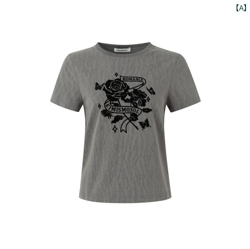 Tシャツ レディース かわいい グレー 薔薇 プリント デニム ミニスカート リボン レース 夏｜フロントップ店
