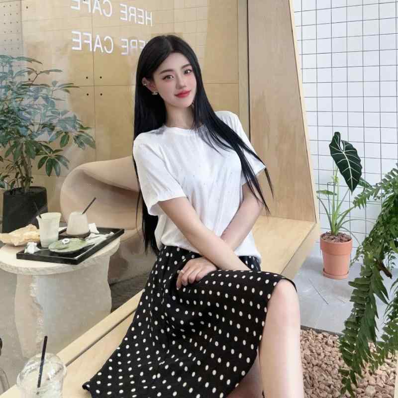 セットアップ レディース おしゃれ 白 ビーズ ドット 半袖 Tシャツ ブラック ドット柄 スカート 夏