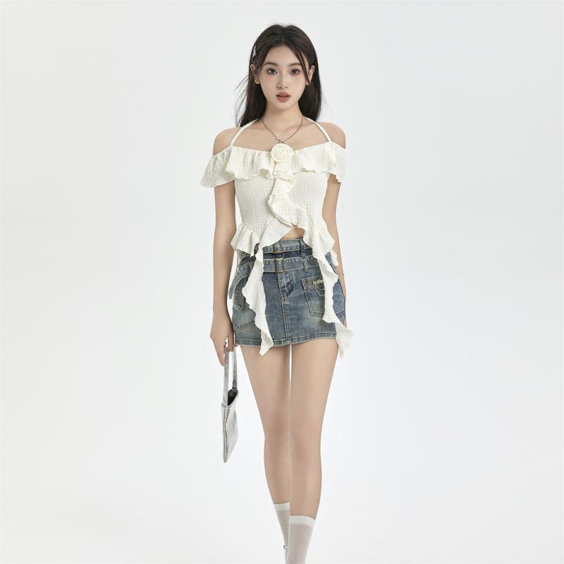 トップス レディース かっこ良い フラウンス シュロの葉 サクラ色 トップ A伝達ルート ジーンズスコート レディースファッション-その他