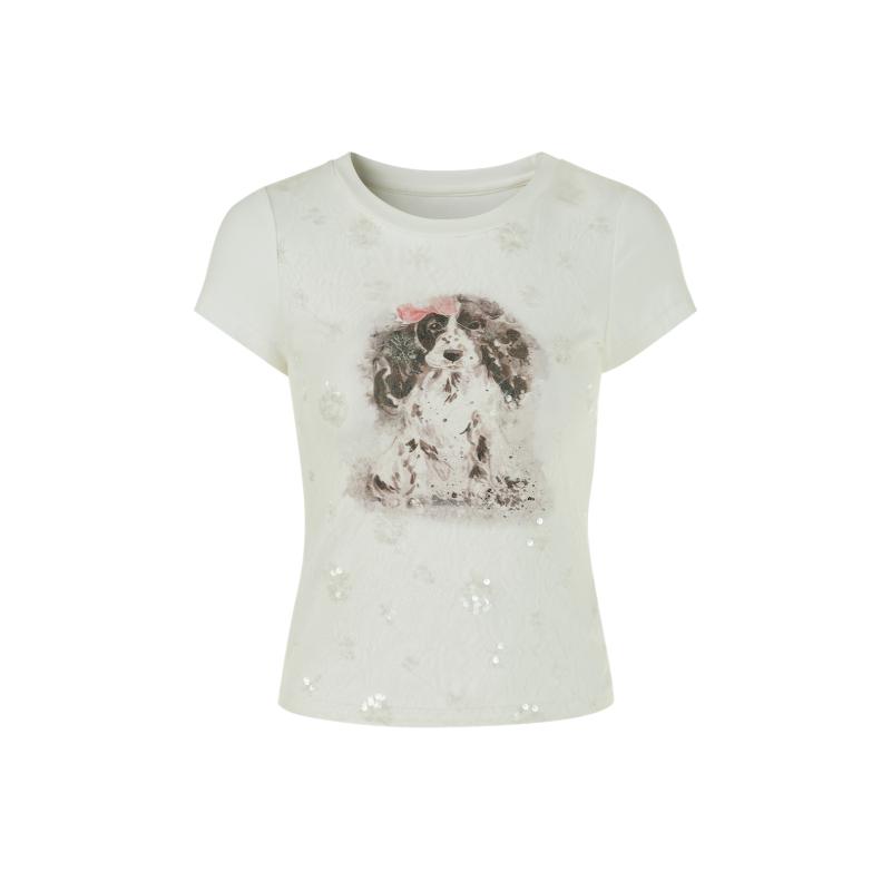 トップス レディース おしゃれ 小犬 プリント レース 半袖 Tシャツ 夏