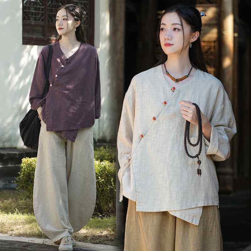 坐禅 服 レディース 春夏 中国風 エスニック コットンリネン シャツ トップス ワイドパンツ セットアップ 瞑想 居士 唐装 仏教 寺院 礼拝 修行 ゆったり シンプル 紫 黄 黒
