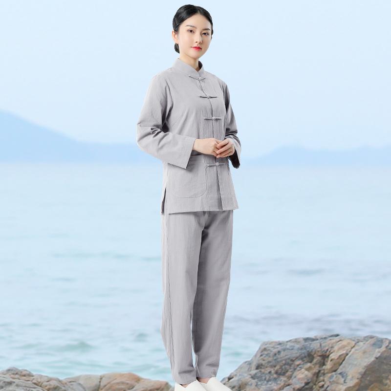 チャイナ風 レディース 綿 禅服 セットアップ 夏 通気性 スタンドカラー 長袖 瞑想 リラックス ゆったり 大きいサイズ シンプル グレー アイボリー 黒