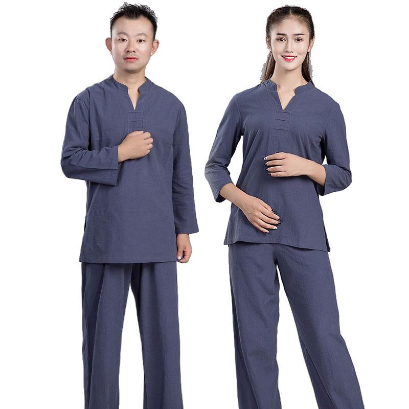 チャイナ風 服 仏教 座禅 瞑想 修行 男女兼用 コットン リネン セットアップ 大きいサイズ シンプル 無地 スタンドカラー Vネック 白 カーキ ネイビー