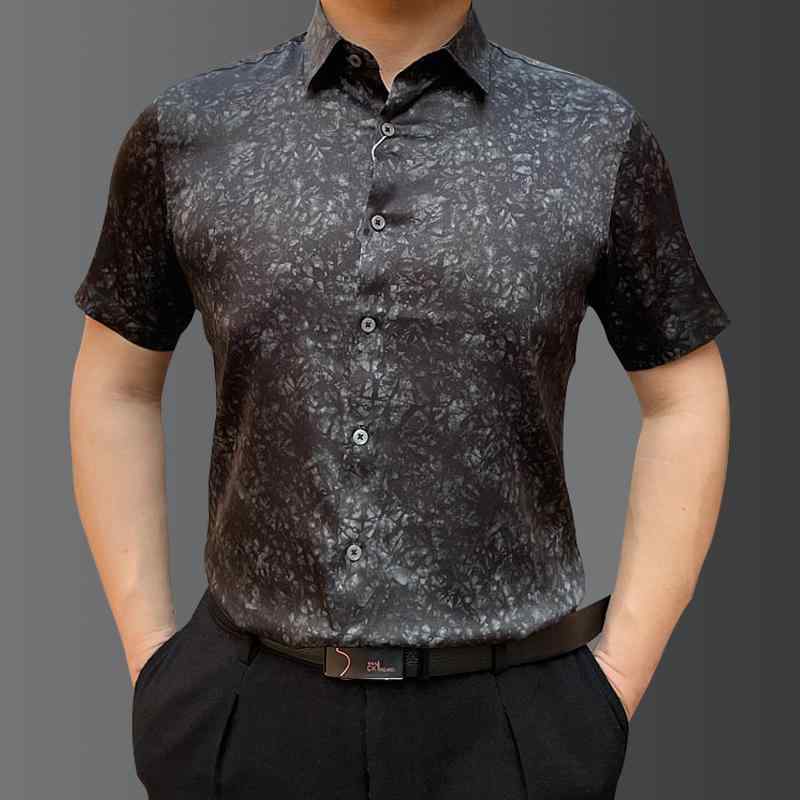 シャツ メンズ 前開き 夏 半袖 サテン 光沢 プリント 幾何柄 カジュアル しわになりにくい 立体感 50代 60代