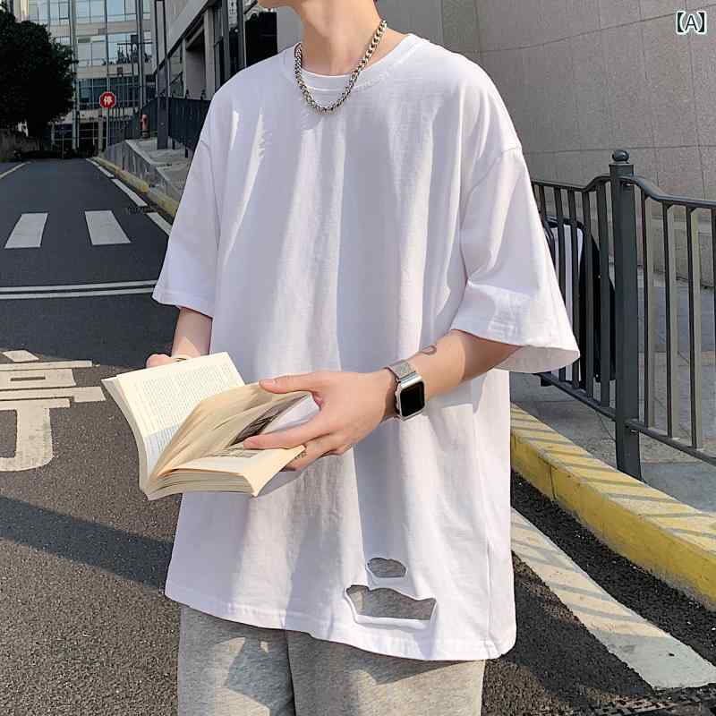 tシャツ メンズ おしゃれ シティボーイ カジュアル 破れ コットン 半袖 Tシャツ メンズ 夏 ゆったり 通気性 休暇
