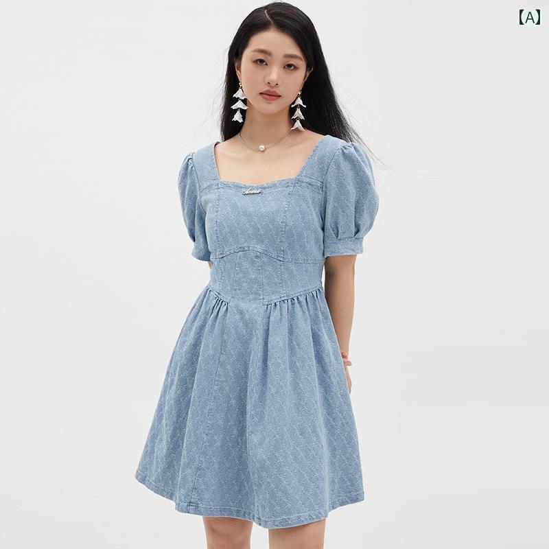 大きいサイズ レディース デニム ウエストシェイプ パフスリーブ Aライン 夏 体型カバー シンプル design
