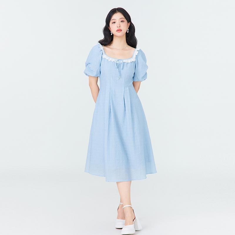 大きいサイズ レディース 方形 ネックライン ウエスト調整 連衣 ブルー 花柄 レース リボン 夏 ロング丈 風